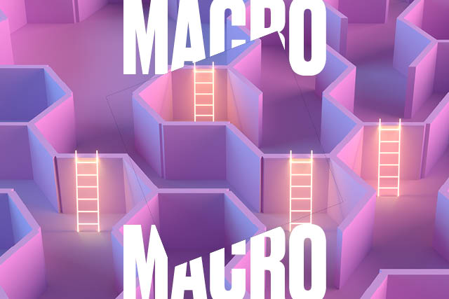 Multi-colored graphic with pattern and macro text. 