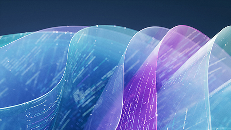 Abstract blue and purple translucent waves with embedded digital data lines.