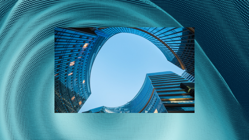 Looking up at curved glass office towers framing a circular patch of sky, set against a blue abstract mesh background.