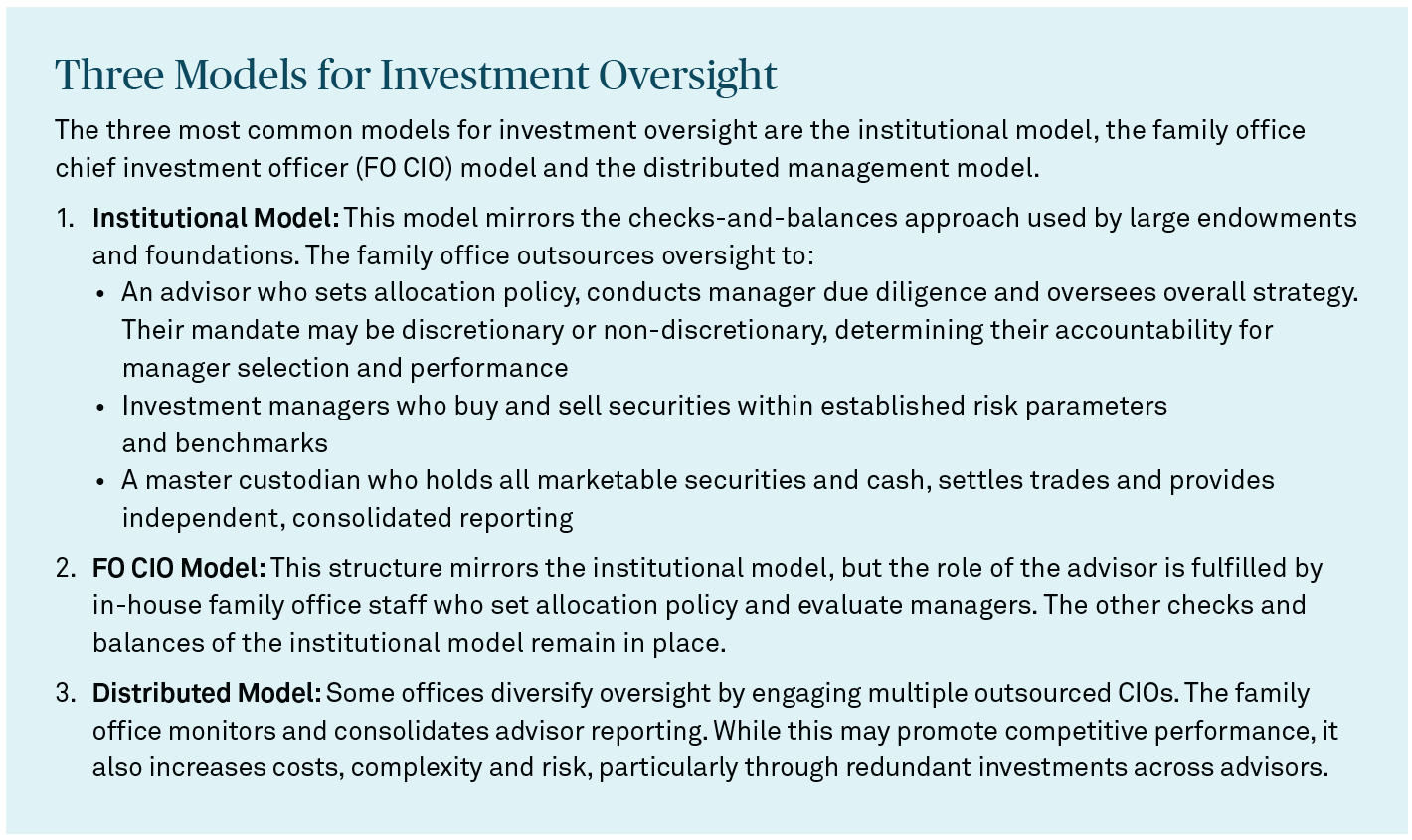 Three Models for Investment Oversight